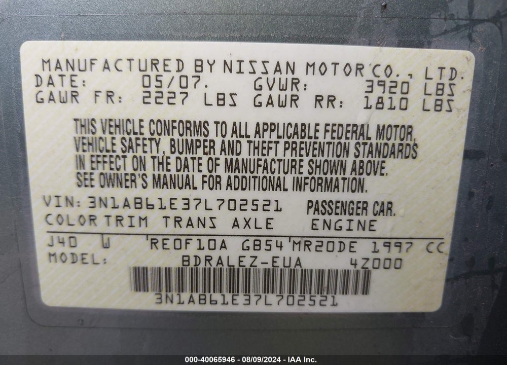 2007 NISSAN SENTRA 2.0S VIN: 3N1AB61E37L702521