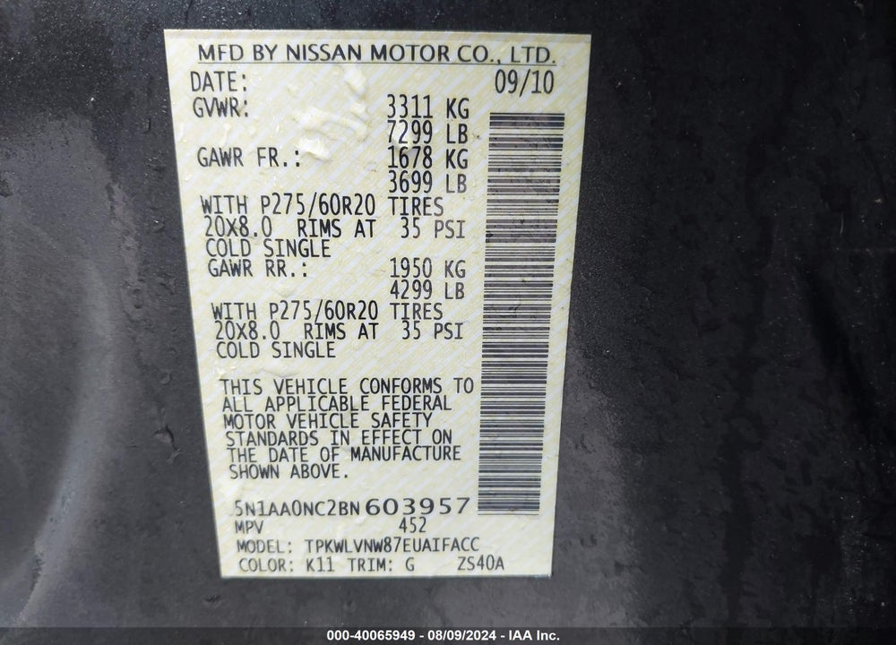 2011 NISSAN ARMADA PLATINUM VIN: 5N1AA0NC2BN603957