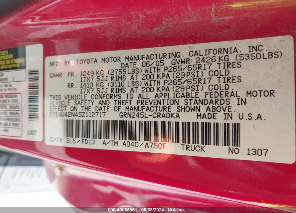 2005 TOYOTA TACOMA BASE V6 VIN: 5TEUU42N45Z112717