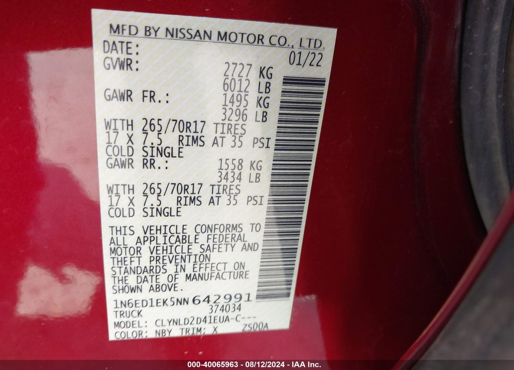 2022 NISSAN FRONTIER VIN: 1N6ED1EK5NN642991