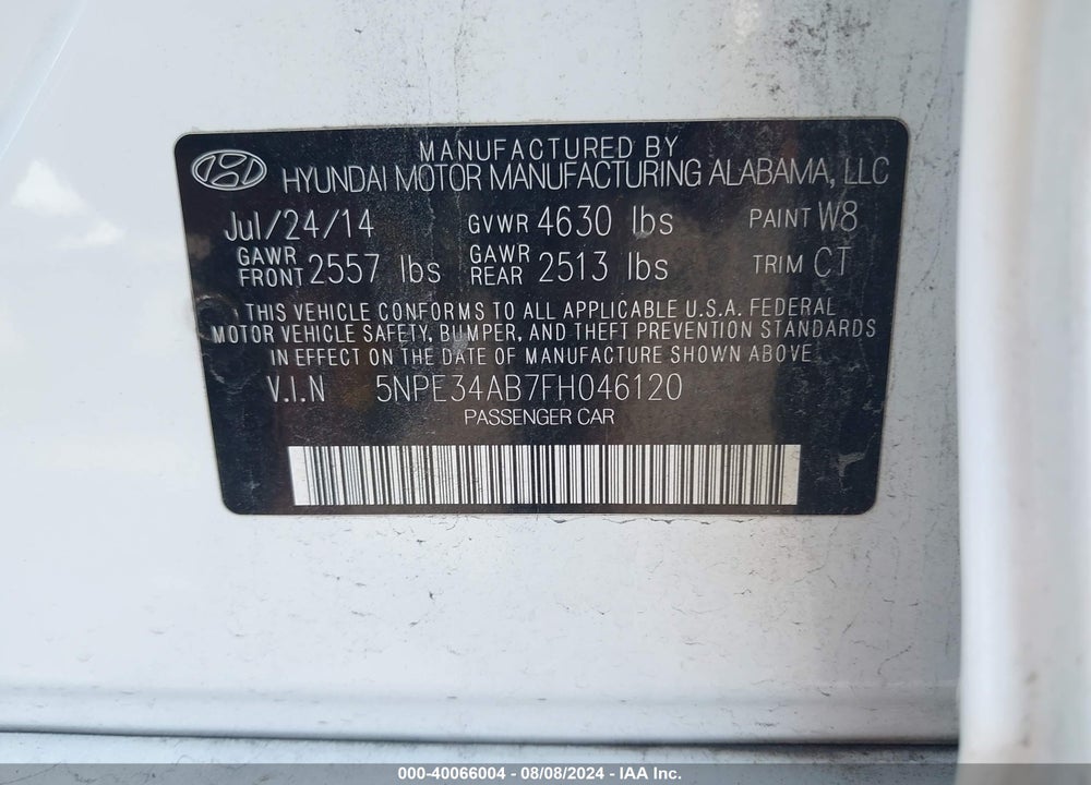 2015 HYUNDAI SONATA SPORT 2.0T VIN: 5NPE34AB7FH046120