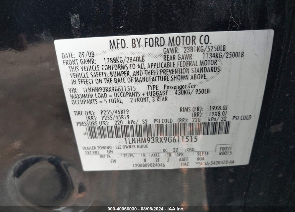2009 LINCOLN MKS VIN: 1LNHM93RX9G611515