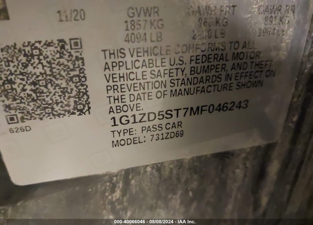 2021 CHEVROLET MALIBU FWD LT VIN: 1G1ZD5ST7MF046243