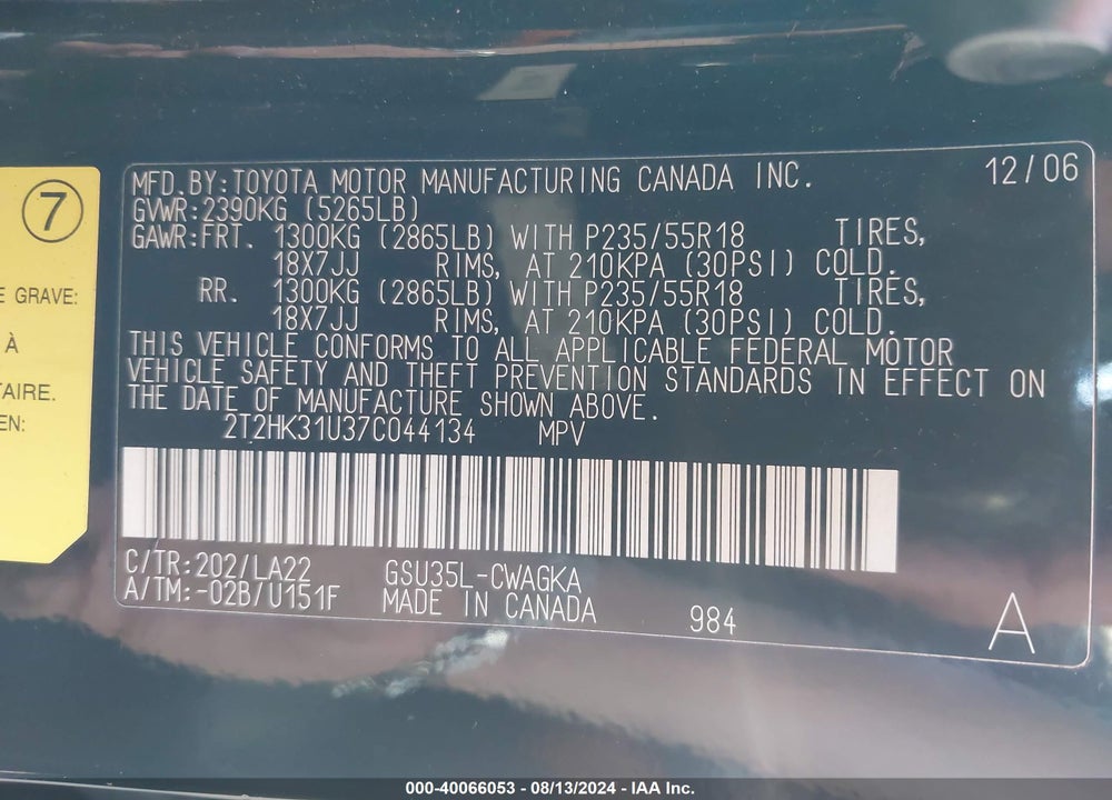 2007 LEXUS RX 350 VIN: 2T2HK31U37C044134