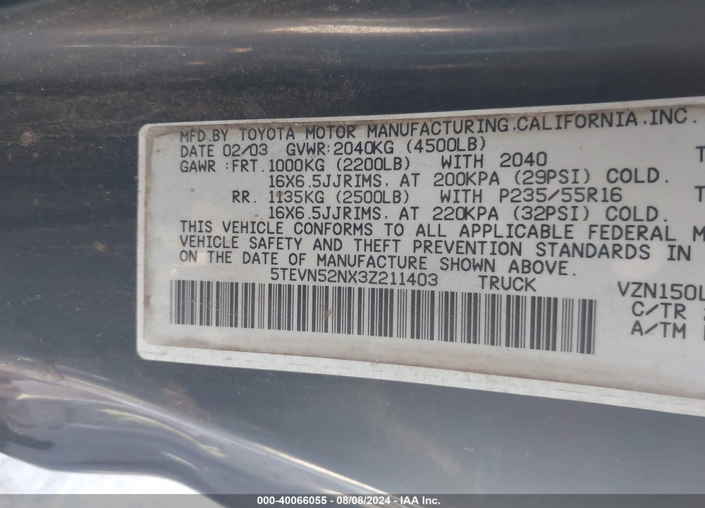 2003 TOYOTA TACOMA S-RUNNER VIN: 5TEVN52NX3Z211403