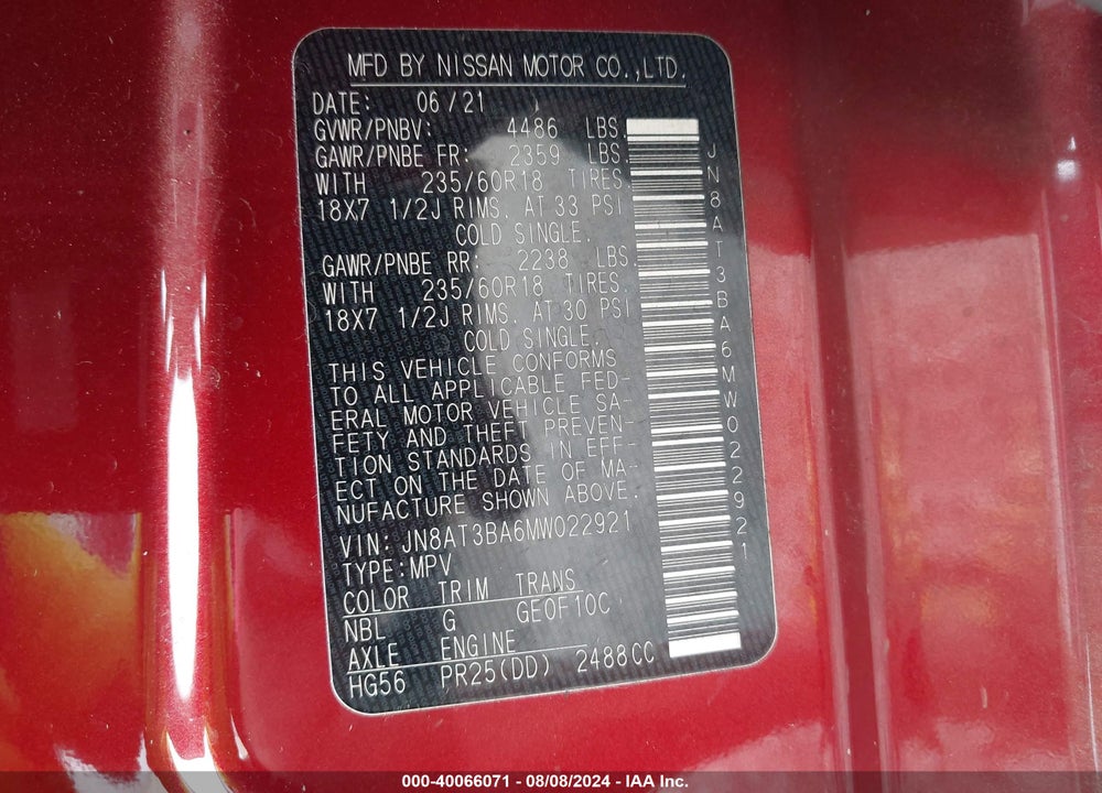 2021 NISSAN ROGUE SV FWD VIN: JN8AT3BA6MW022921