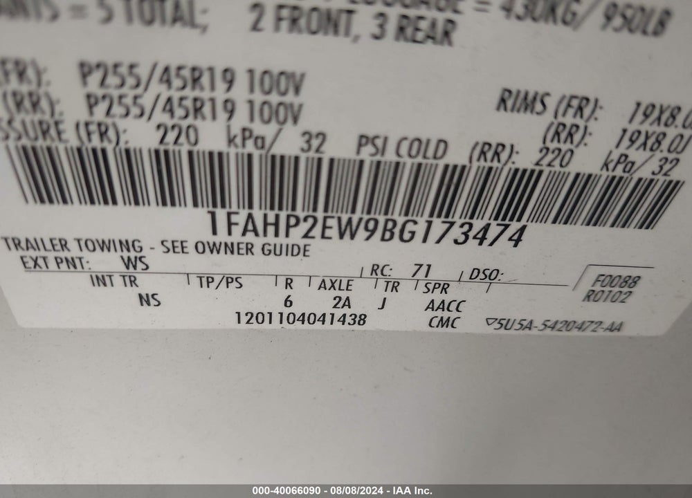 2011 FORD TAURUS VIN: 1FAHP2EW9BG173474
