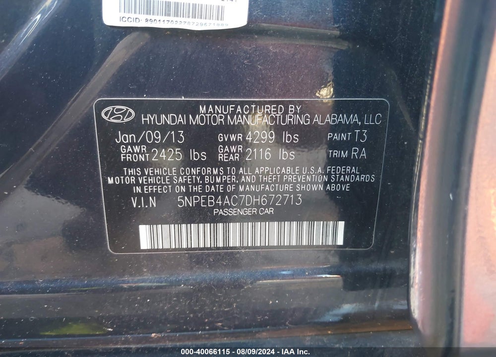 2013 HYUNDAI SONATA GLS VIN: 5NPEB4AC7DH672713