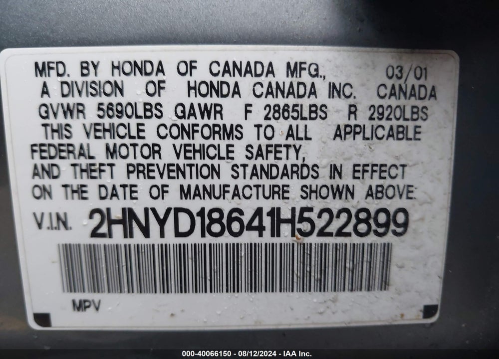 2001 ACURA MDX VIN: 2HNYD18641H522899
