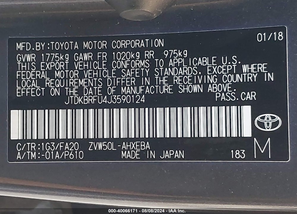 2018 TOYOTA PRIUS VIN: JTDKBRFU4J3590124
