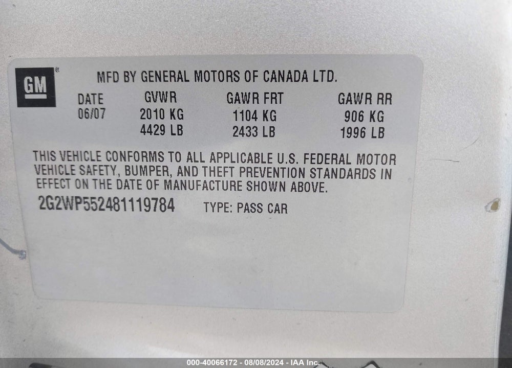 2008 PONTIAC GRAND PRIX VIN: 2G2WP552481119784
