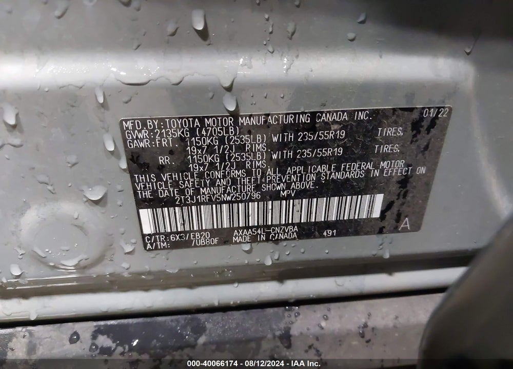2022 TOYOTA RAV4 ADVENTURE VIN: 2T3J1RFV5NW250796