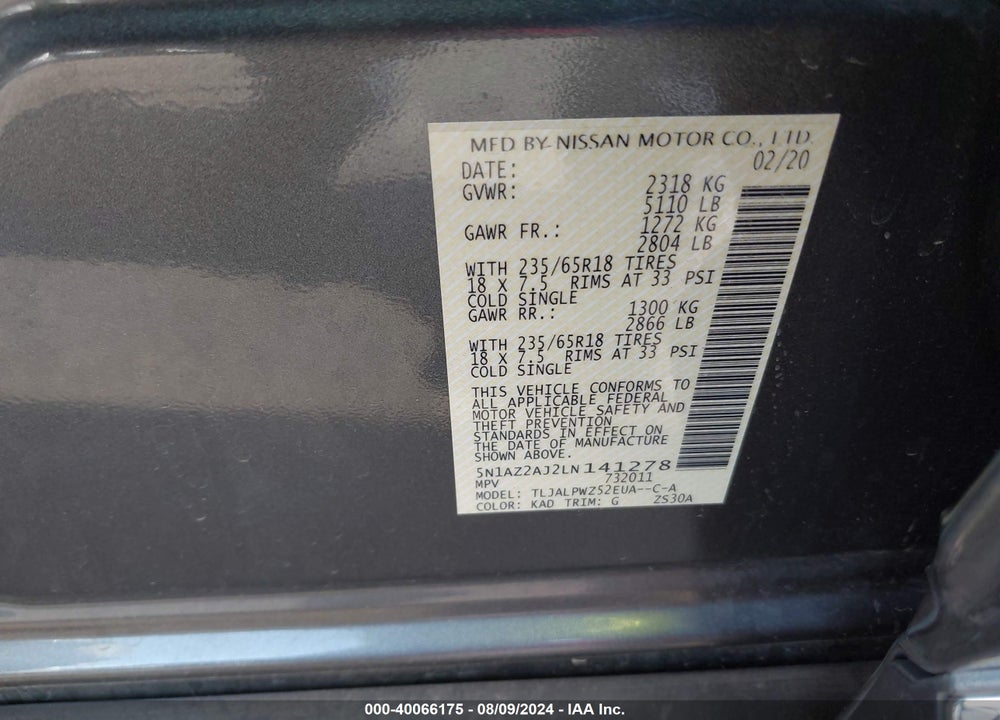 2020 NISSAN MURANO S FWD VIN: 5N1AZ2AJ2LN141278