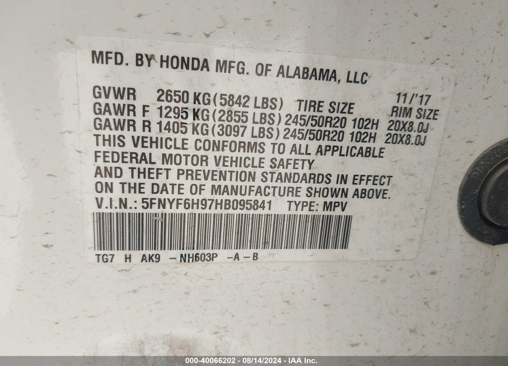 2017 HONDA PILOT TOURING VIN: 5FNYF6H97HB095841