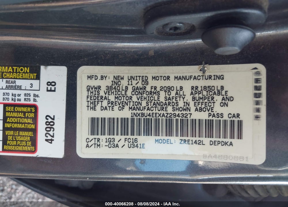 2010 TOYOTA COROLLA LE VIN: 1NXBU4EEXAZ294327