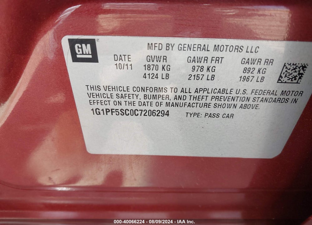 2012 CHEVROLET CRUZE 1LT VIN: 1G1PF5SC0C7206294
