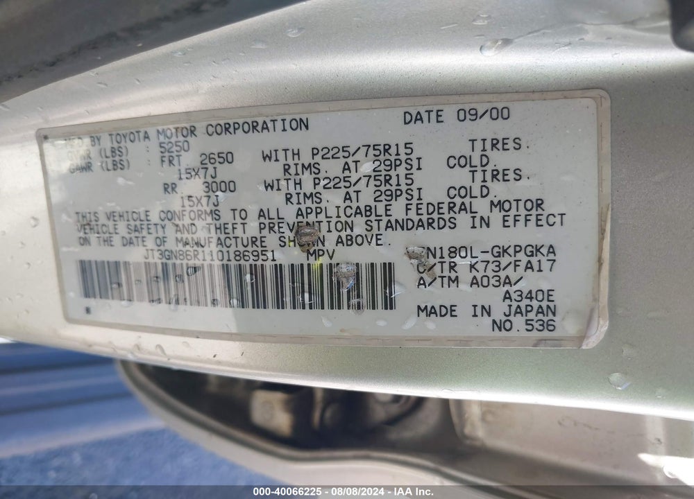 2001 TOYOTA 4RUNNER SR5 V6 VIN: JT3GN86R110186951