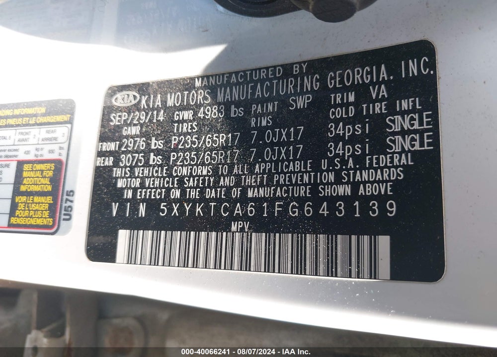 2015 KIA SORENTO VIN: 5XYKTCA61FG643139