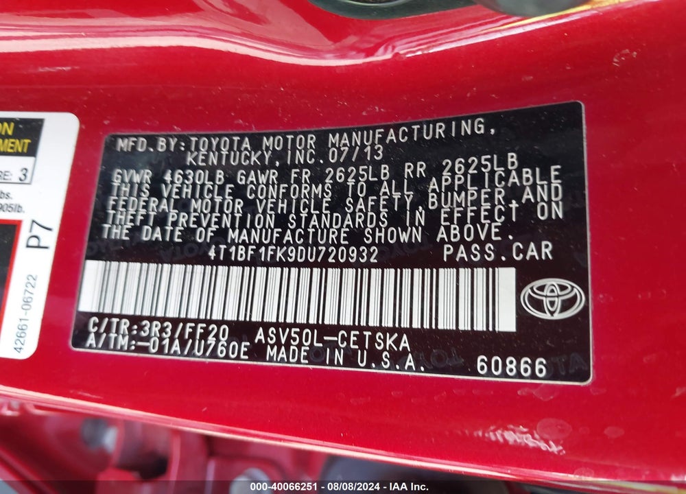 2013 TOYOTA CAMRY SE VIN: 4T1BF1FK9DU720932