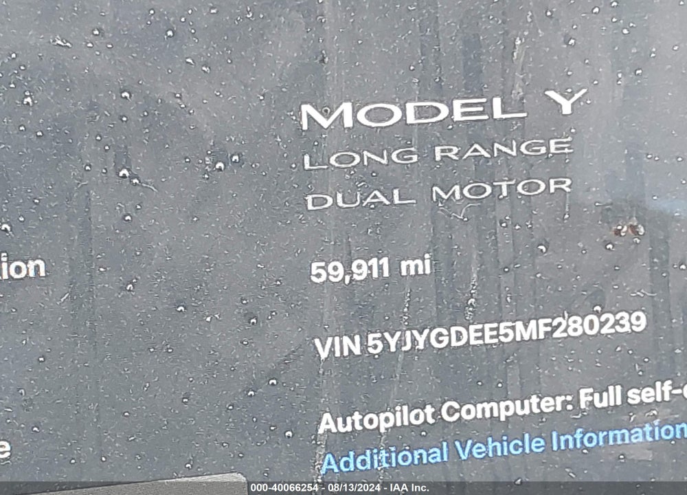2021 TESLA MODEL Y LONG RANGE DUAL MOTOR ALL-WHEEL DRIVE VIN: 5YJYGDEE5MF280239