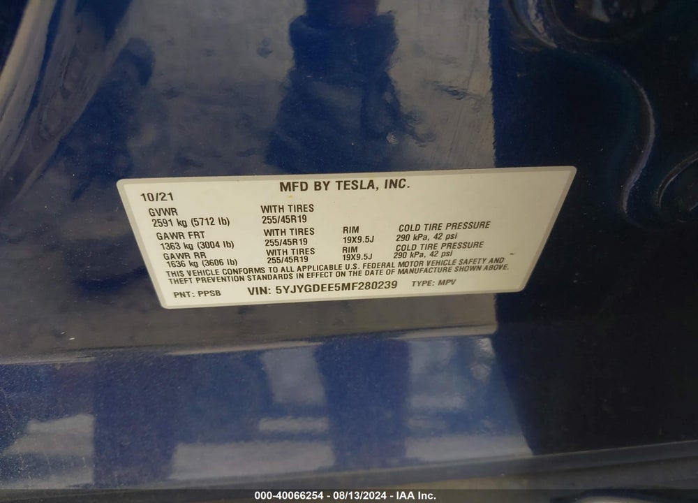 2021 TESLA MODEL Y LONG RANGE DUAL MOTOR ALL-WHEEL DRIVE VIN: 5YJYGDEE5MF280239