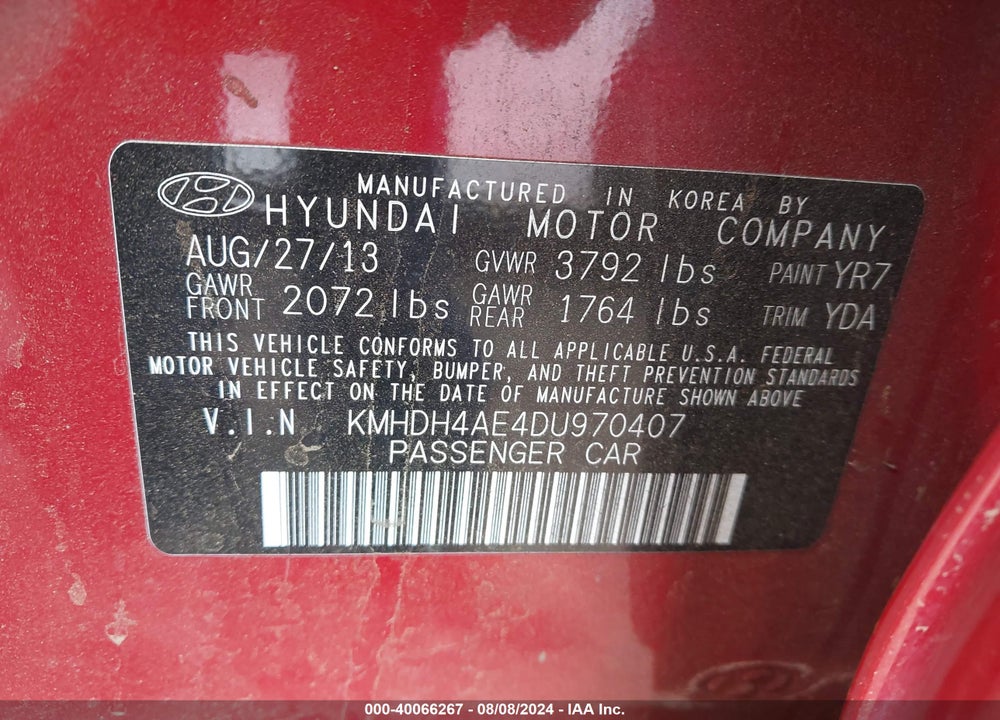 2013 HYUNDAI ELANTRA GLS VIN: KMHDH4AE4DU970407