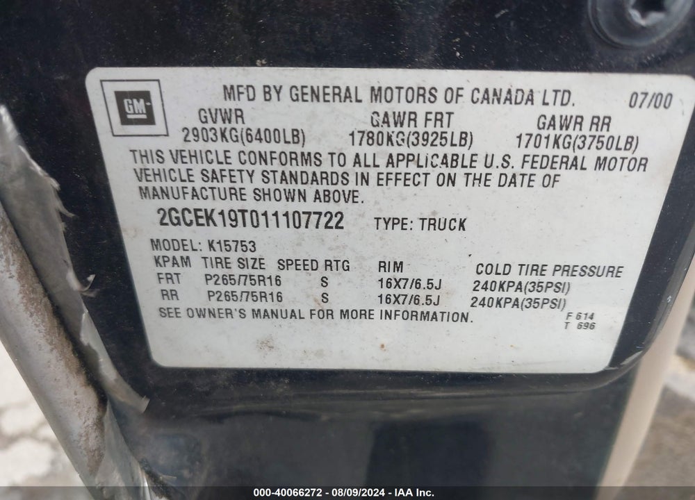 2001 CHEVROLET SILVERADO 1500 VIN: 2GCEK19T011107722