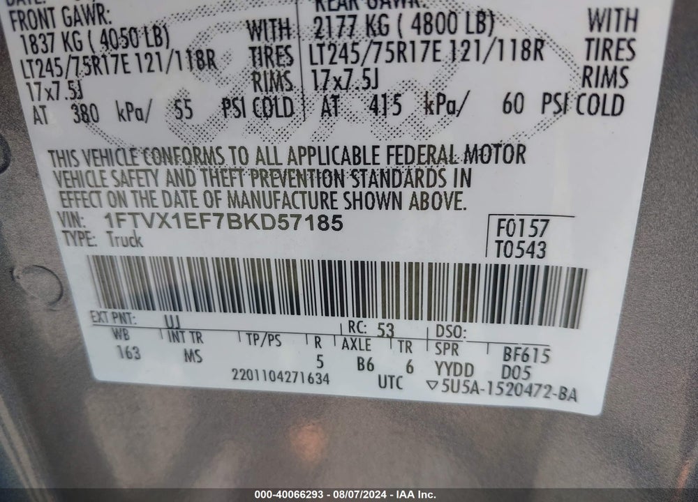 2011 FORD F-150 XLT VIN: 1FTVX1EF7BKD57185