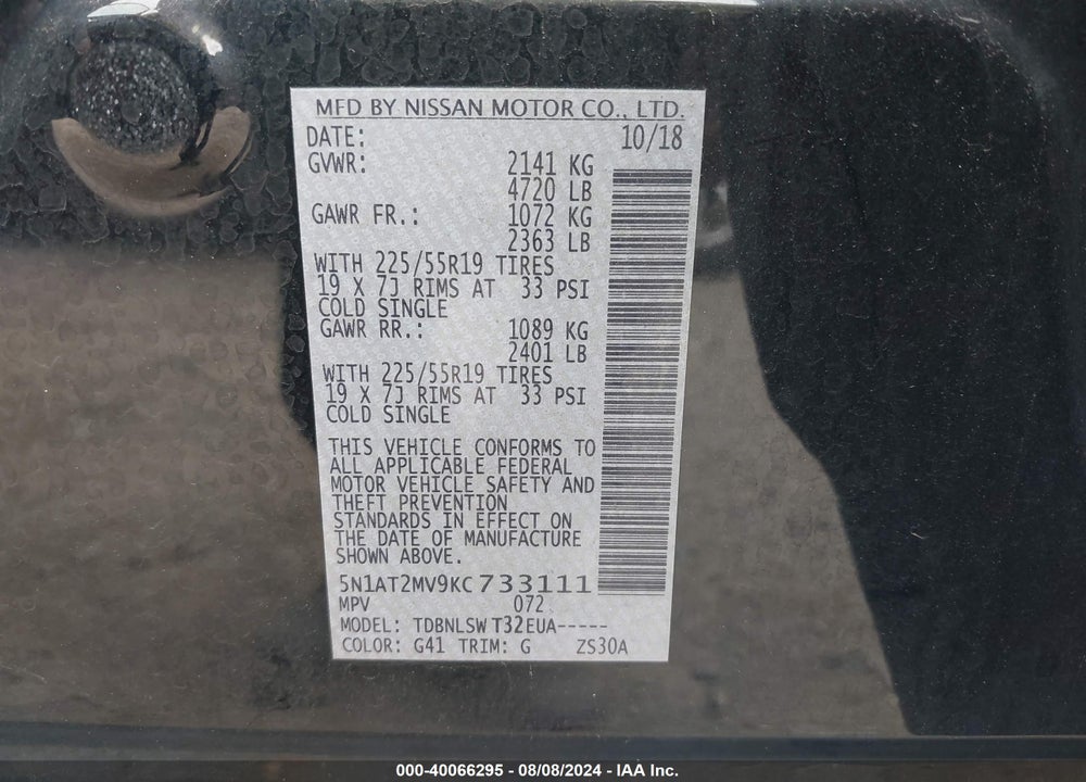 2019 NISSAN ROGUE VIN: 5N1AT2MV9KC733111