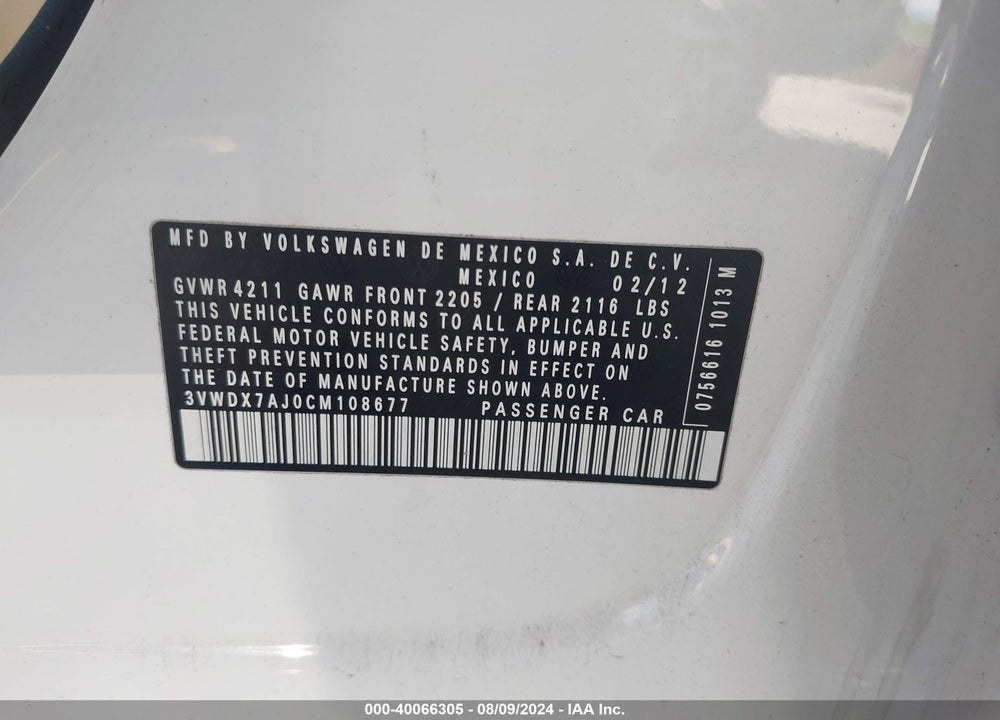 2012 VOLKSWAGEN JETTA 2.5L SE VIN: 3VWDX7AJ0CM108677