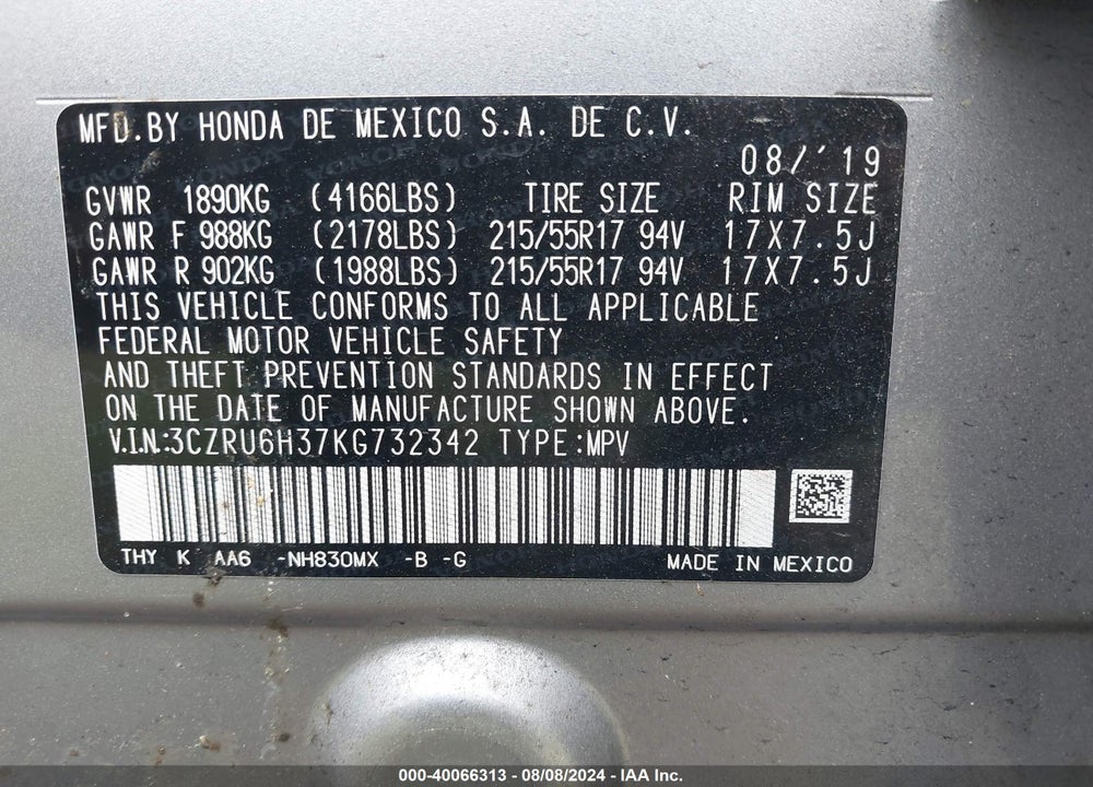 2019 HONDA HR-V LX VIN: 3CZRU6H37KG732342