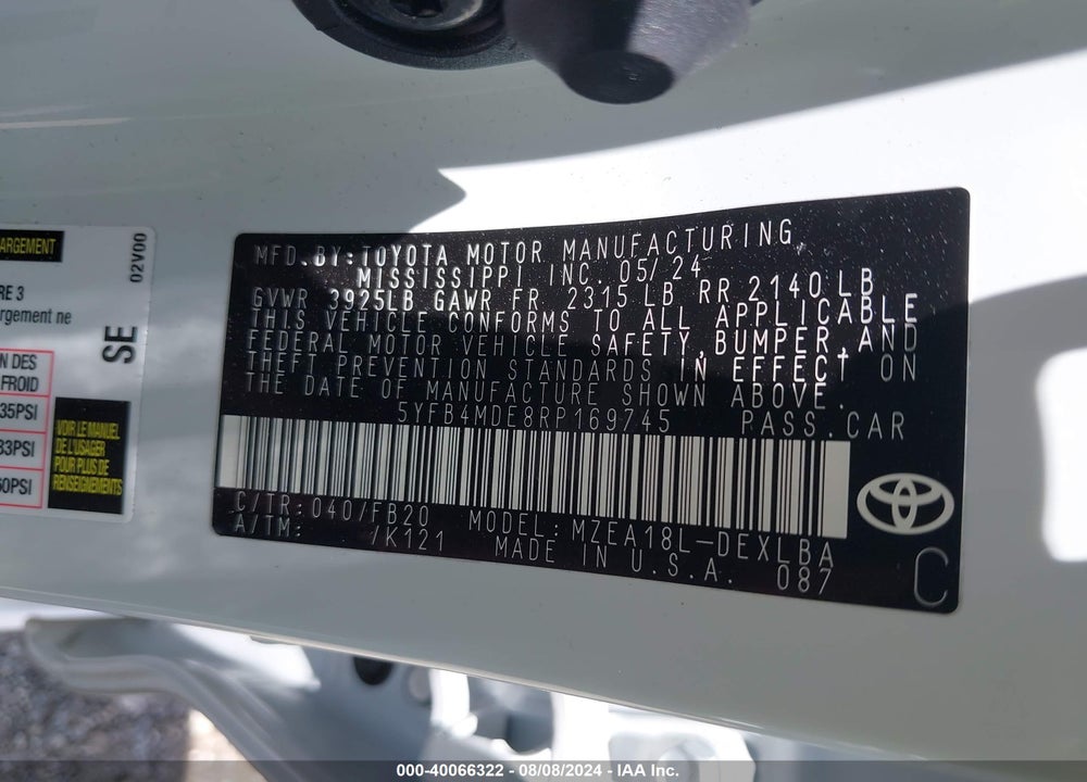 2024 TOYOTA COROLLA LE VIN: 5YFB4MDE8RP169745
