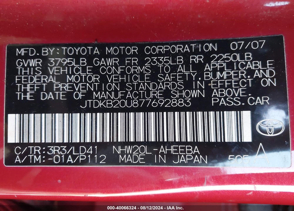 2007 TOYOTA PRIUS VIN: JTDKB20U877692883