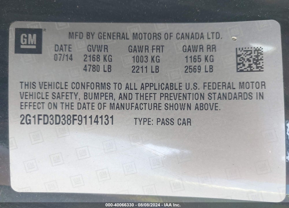 2015 CHEVROLET CAMARO 1LT VIN: 2G1FD3D38F9114131