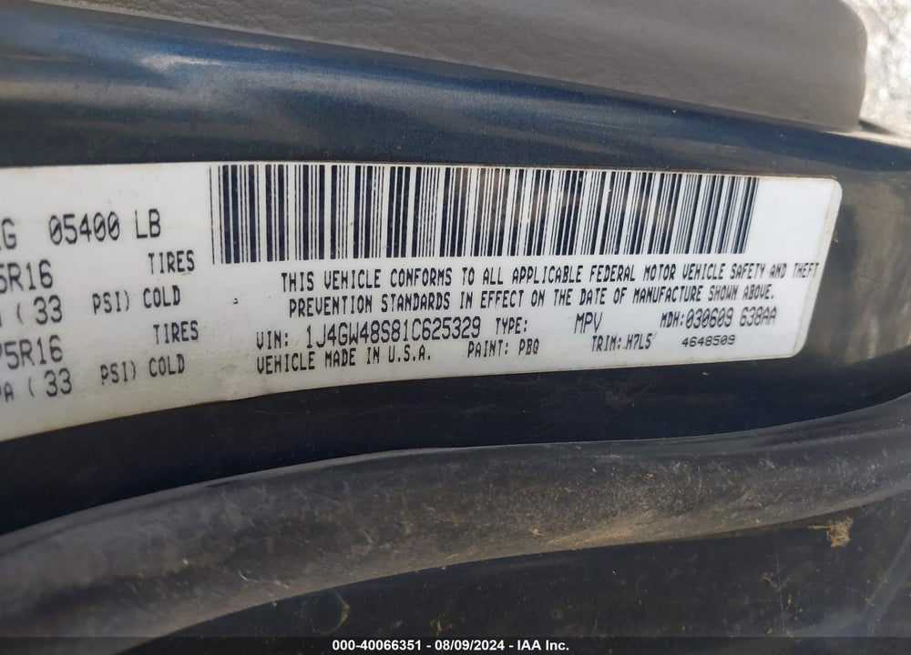 2001 JEEP GRAND CHEROKEE LAREDO VIN: 1J4GW48S81C625329