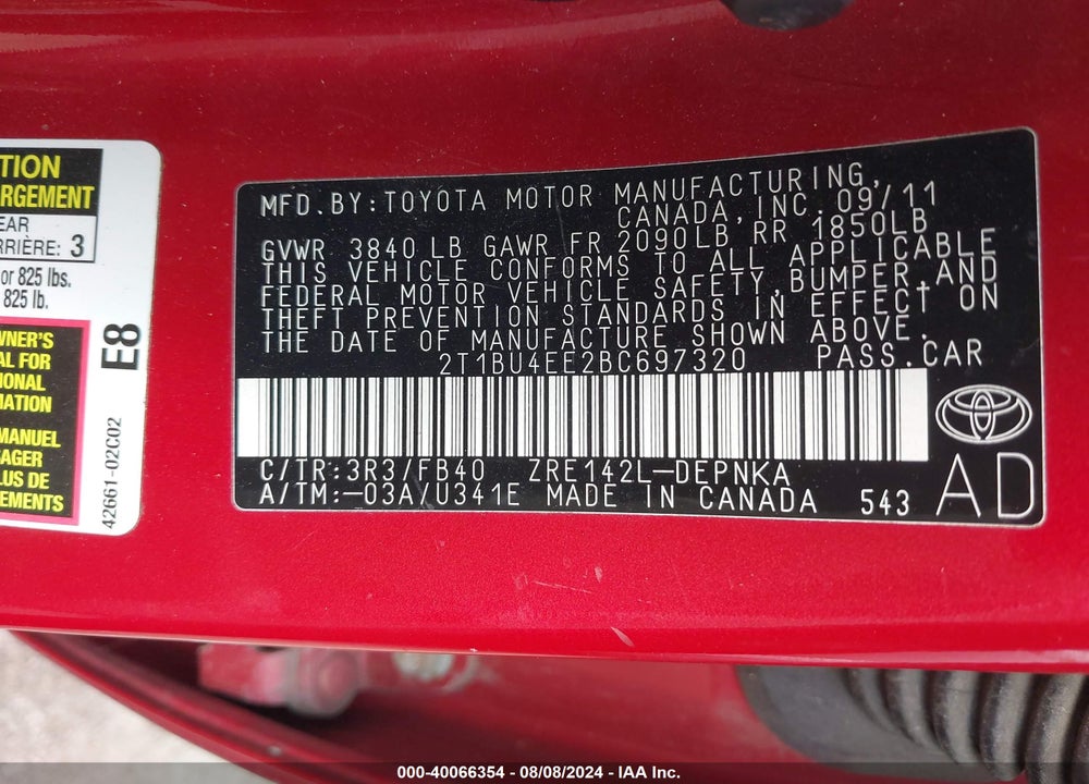 2011 TOYOTA COROLLA LE VIN: 2T1BU4EE2BC697320