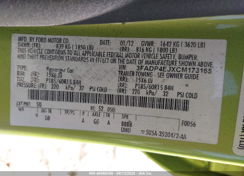 2012 FORD FIESTA SE VIN: 3FADP4EJXCM173165