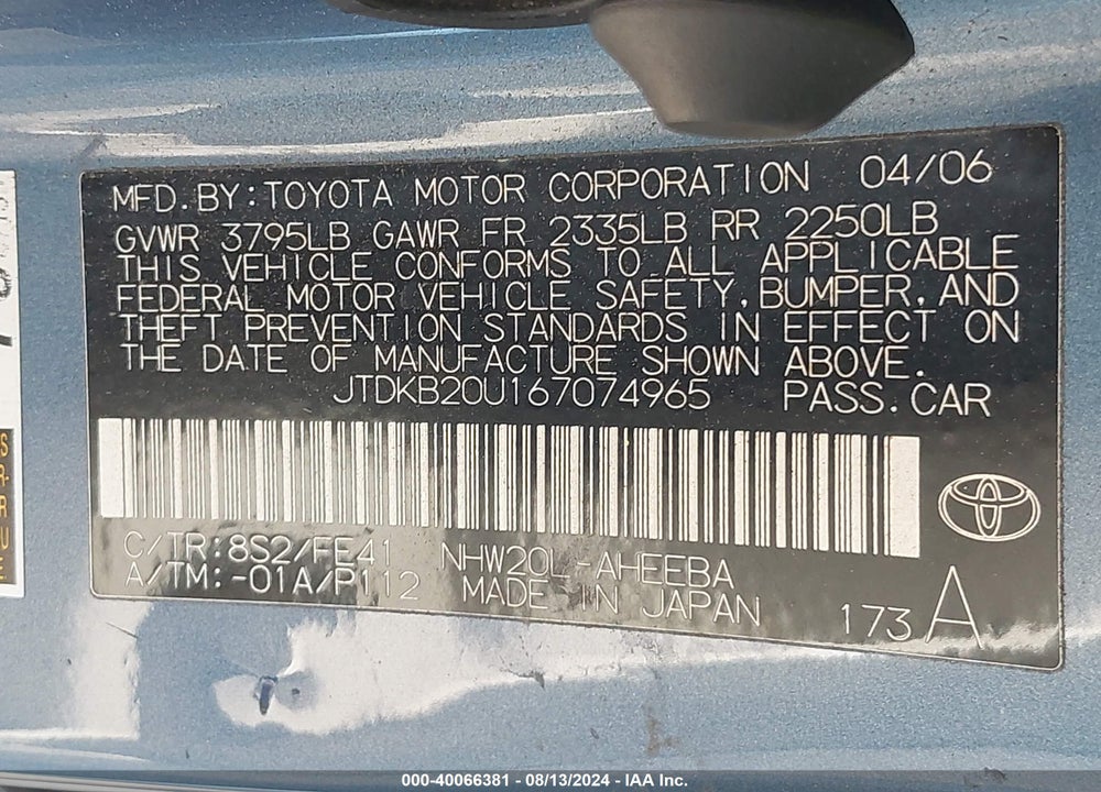 2006 TOYOTA PRIUS VIN: JTDKB20U167074965