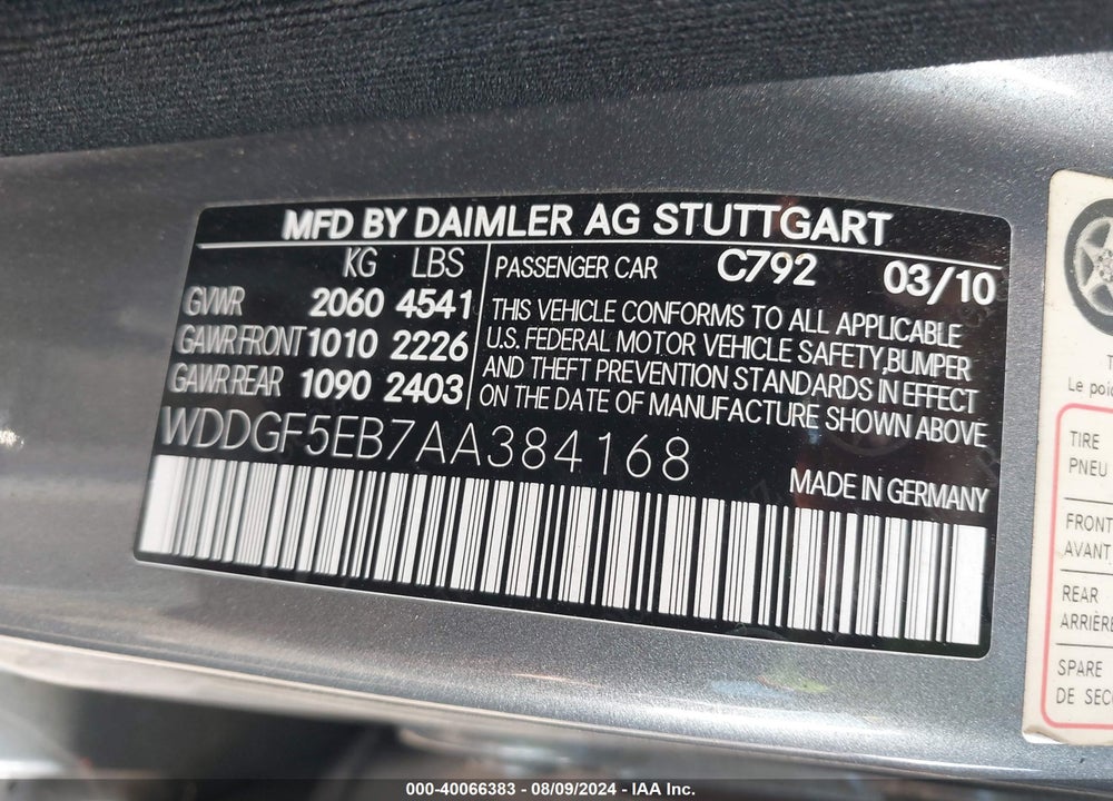 2010 MERCEDES-BENZ C 300 LUXURY/SPORT VIN: WDDGF5EB7AA384168