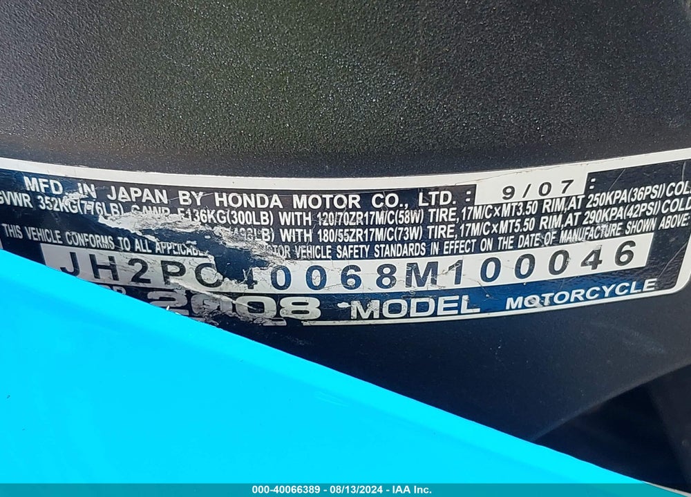 2008 HONDA CBR600 RR VIN: JH2PC40068M100046