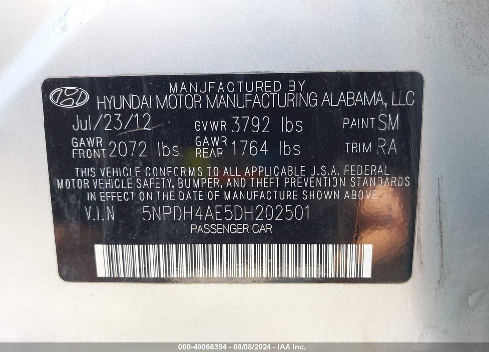 2013 HYUNDAI ELANTRA GLS VIN: 5NPDH4AE5DH202501
