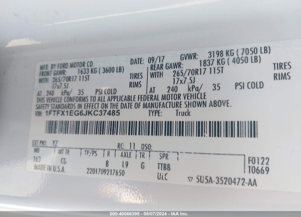2018 FORD F-150 XL VIN: 1FTFX1EG6JKC37485
