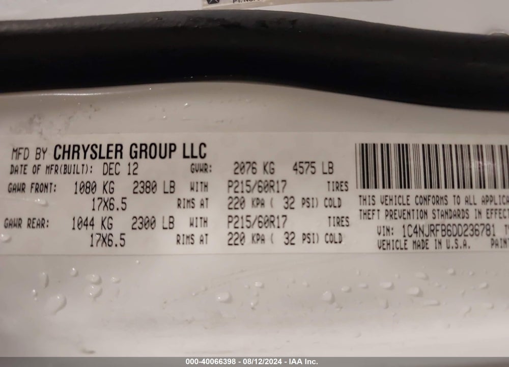 2013 JEEP PATRIOT LATITUDE VIN: 1C4NJRFB6DD236781