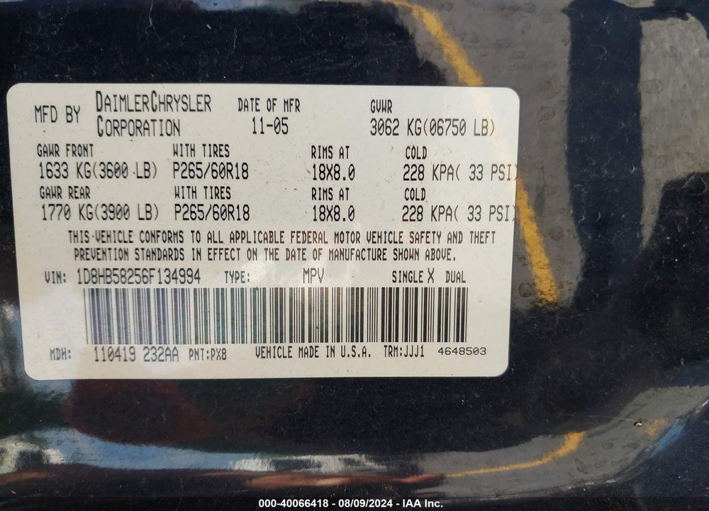 2006 DODGE DURANGO LIMITED VIN: 1D8HB58256F134994