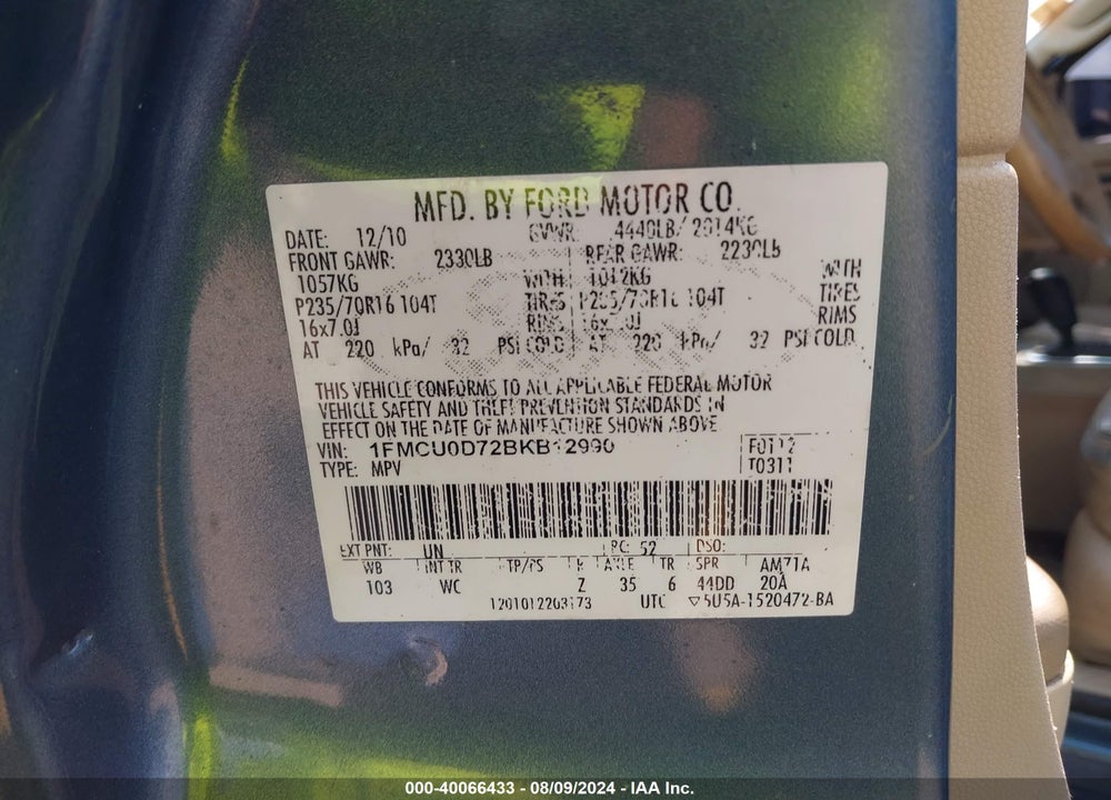2011 FORD ESCAPE XLT VIN: 1FMCU0D72BKB12990