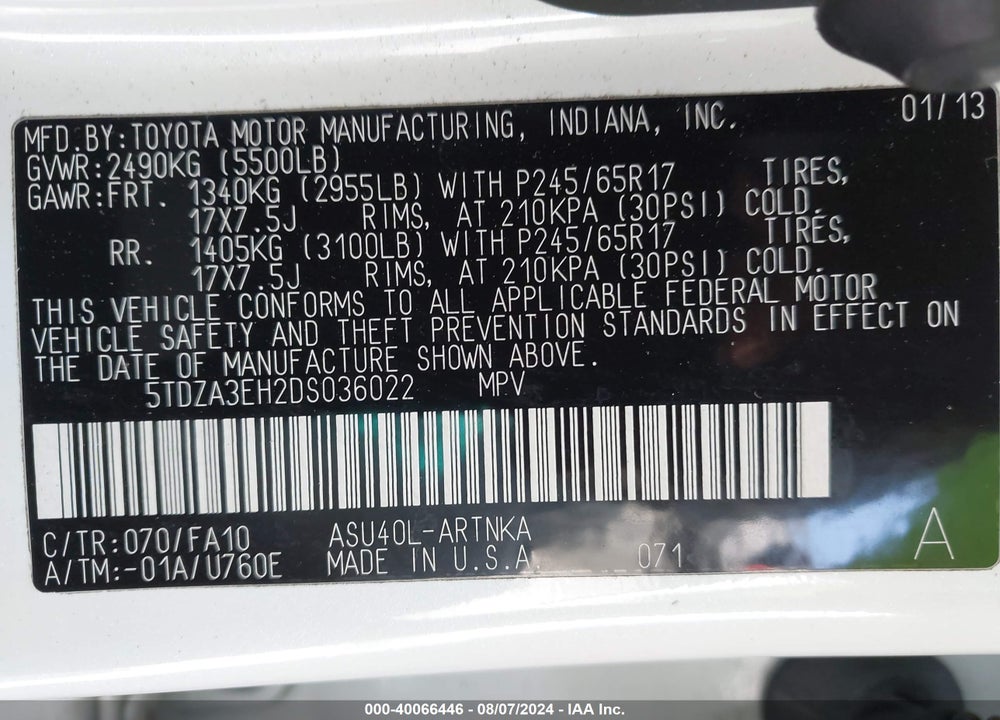 2013 TOYOTA HIGHLANDER BASE PLUS VIN: 5TDZA3EH2DS036022