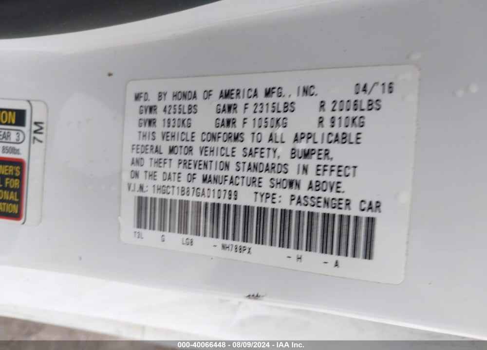 2016 HONDA ACCORD EX-L VIN: 1HGCT1B87GA010799