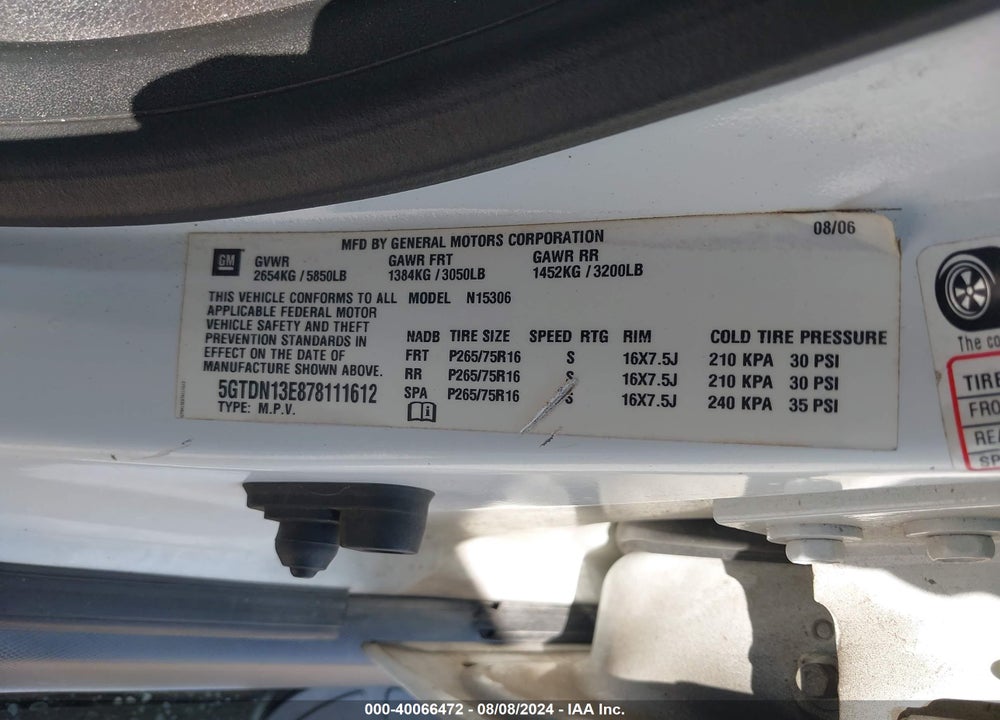 2007 HUMMER H3 SUV VIN: 5GTDN13E878111612