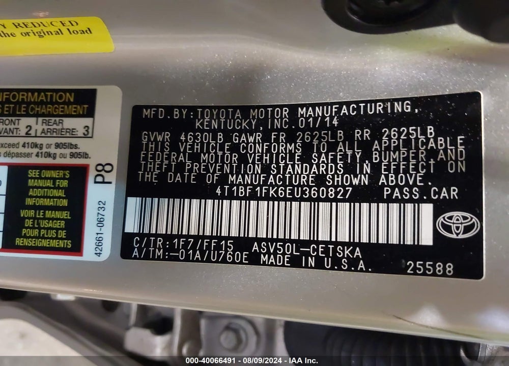 2014 TOYOTA CAMRY SE SPORT VIN: 4T1BF1FK6EU360827