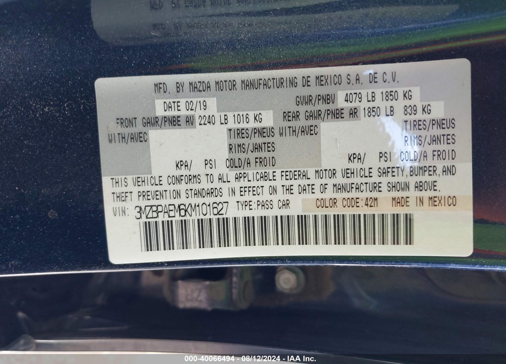2019 MAZDA 3 PREMIUM PACKAGE VIN: 3MZBPAEM6KM101627